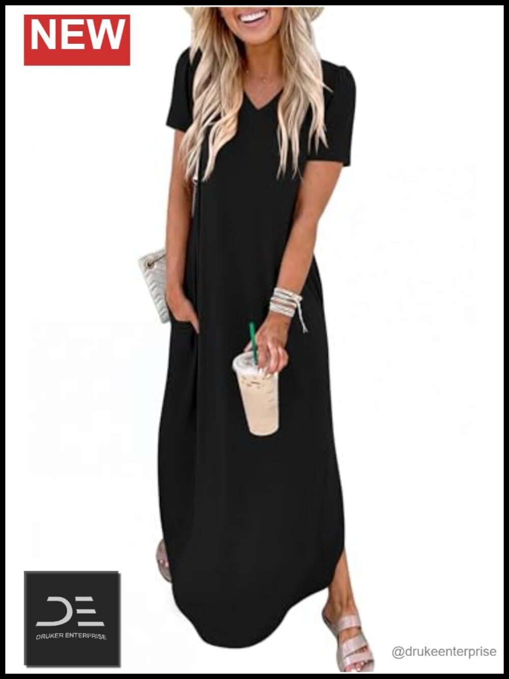 Summer Maxi Dress V Neck Short Sleeve Side Slit Shirt Dress Loose Fit Travel